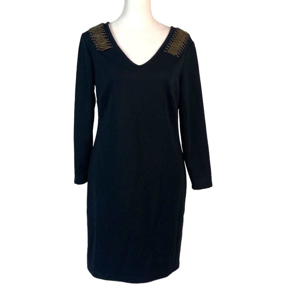mark. Black V-neck 3/4 Sleeve Bodycon Dress with Beaded Neckline Detail